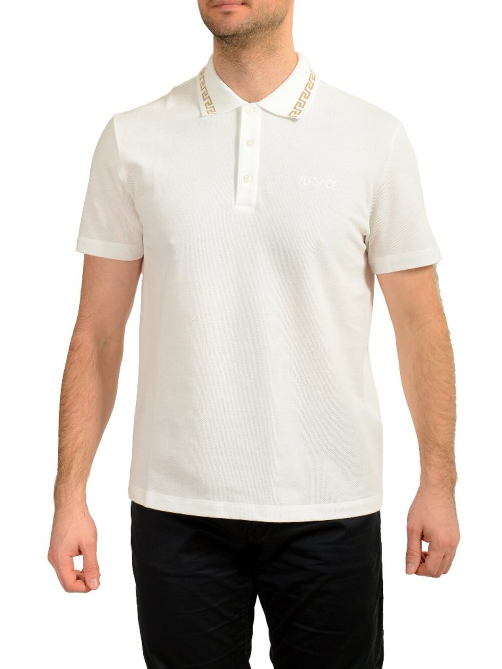 Versace Men's Gold Embroidery White Short Sleeve Polo Shirt US 5XL IT 62